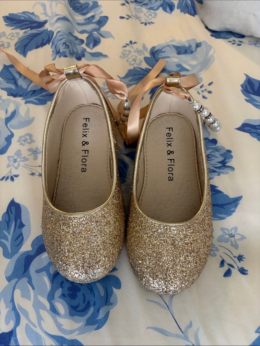 Felix & Flora Gold Glitter Ballet Flats with Ribbon Tie